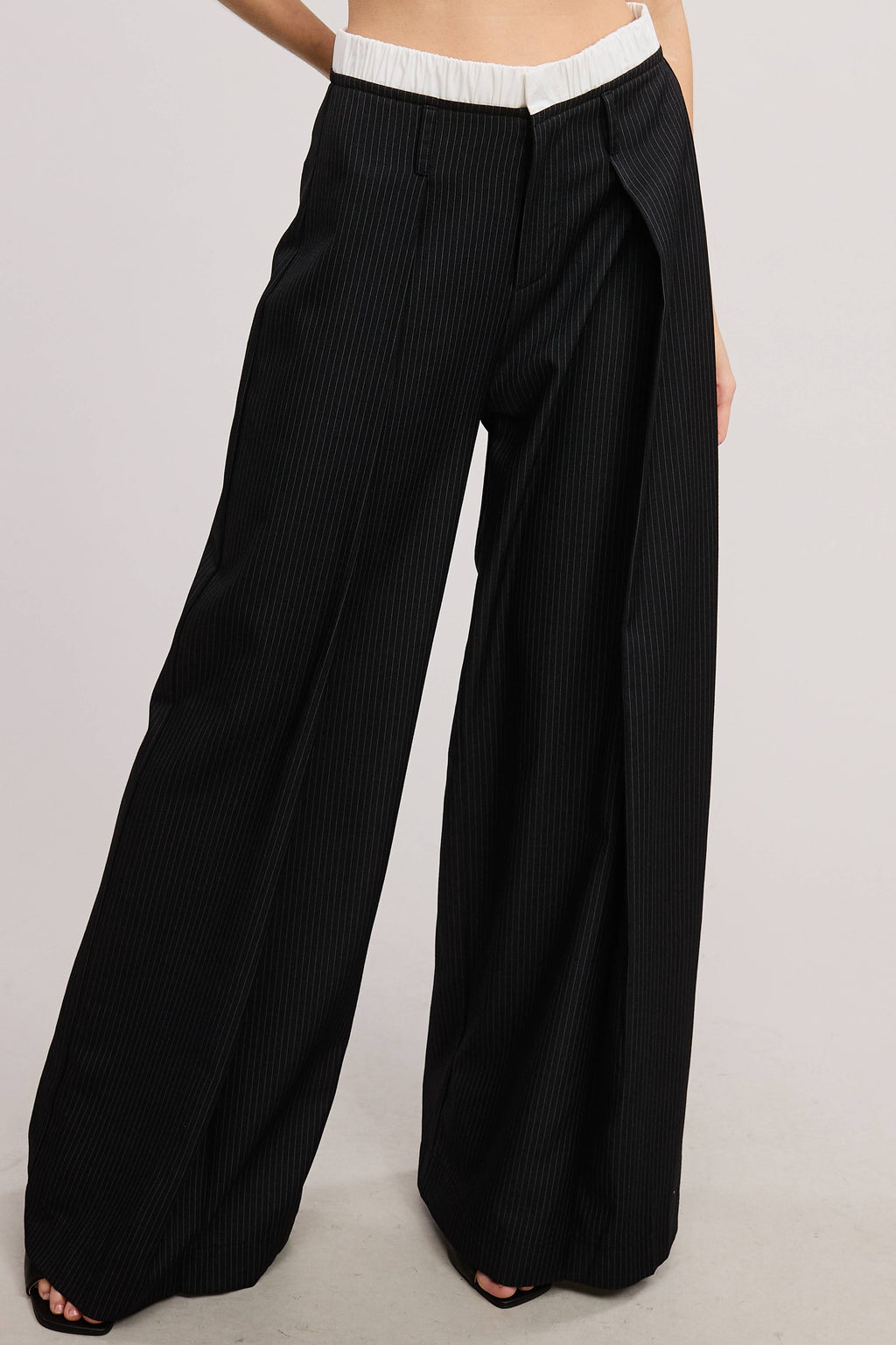 Pinstripe Wide Leg Pants with Contrast Waistband