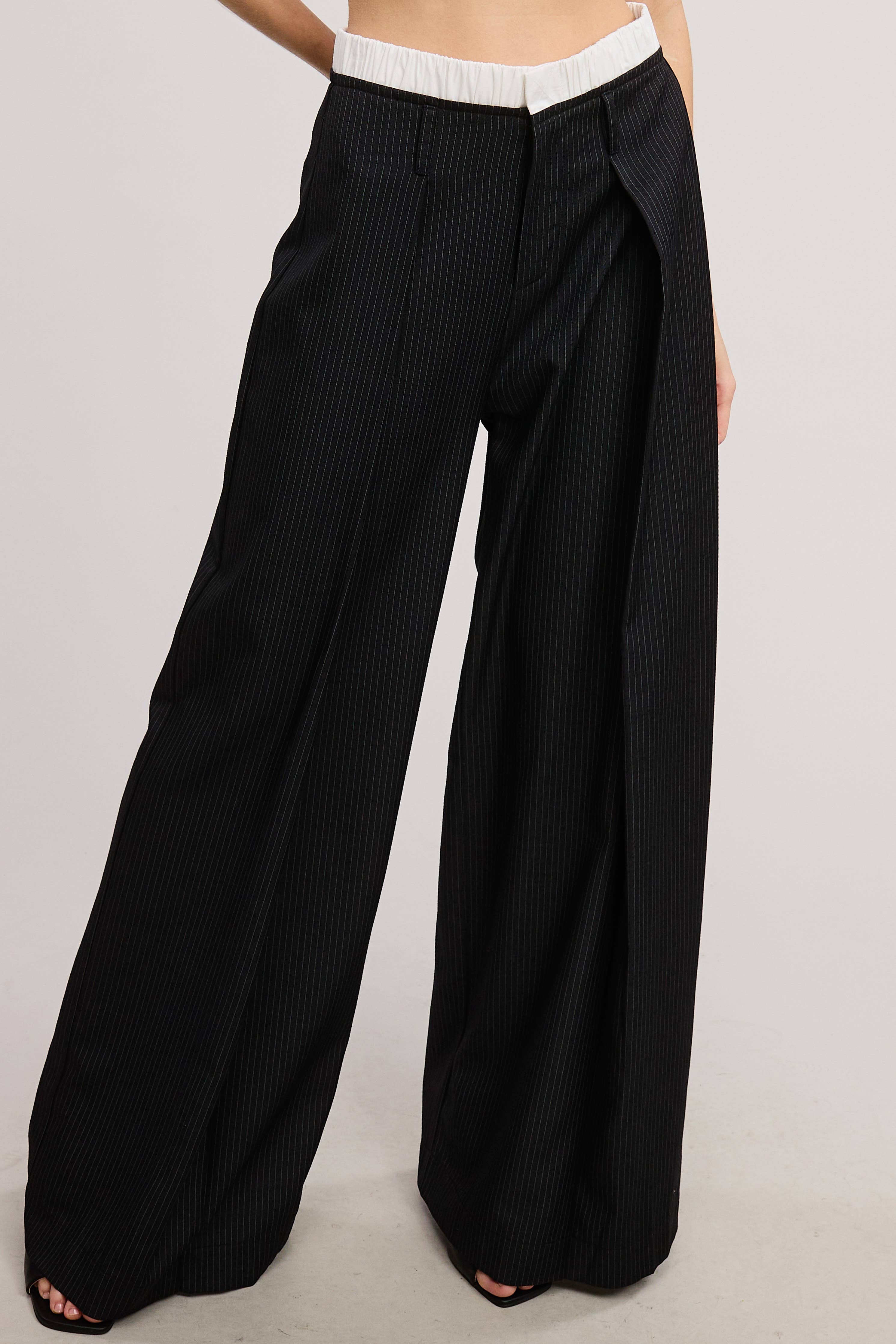Pinstripe Wide Leg Pants with Contrast Waistband