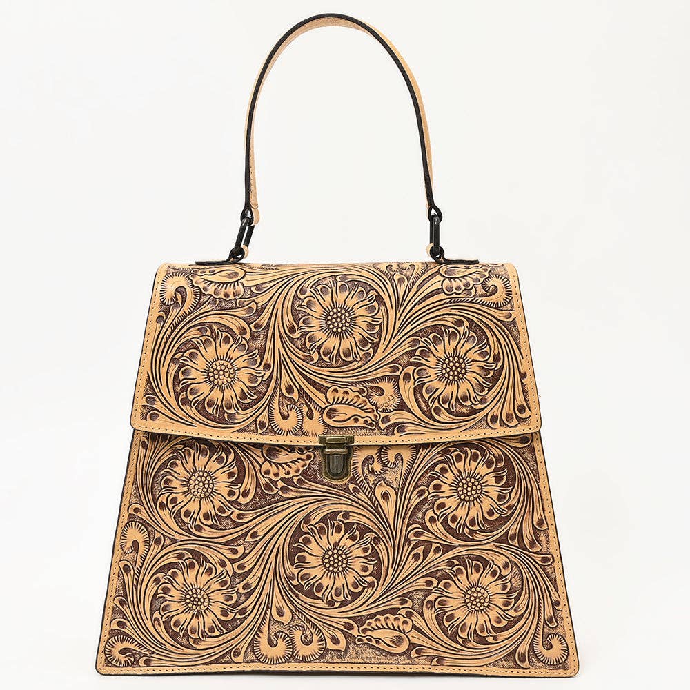 Hand-Tooled Leather Flap Tote Bag