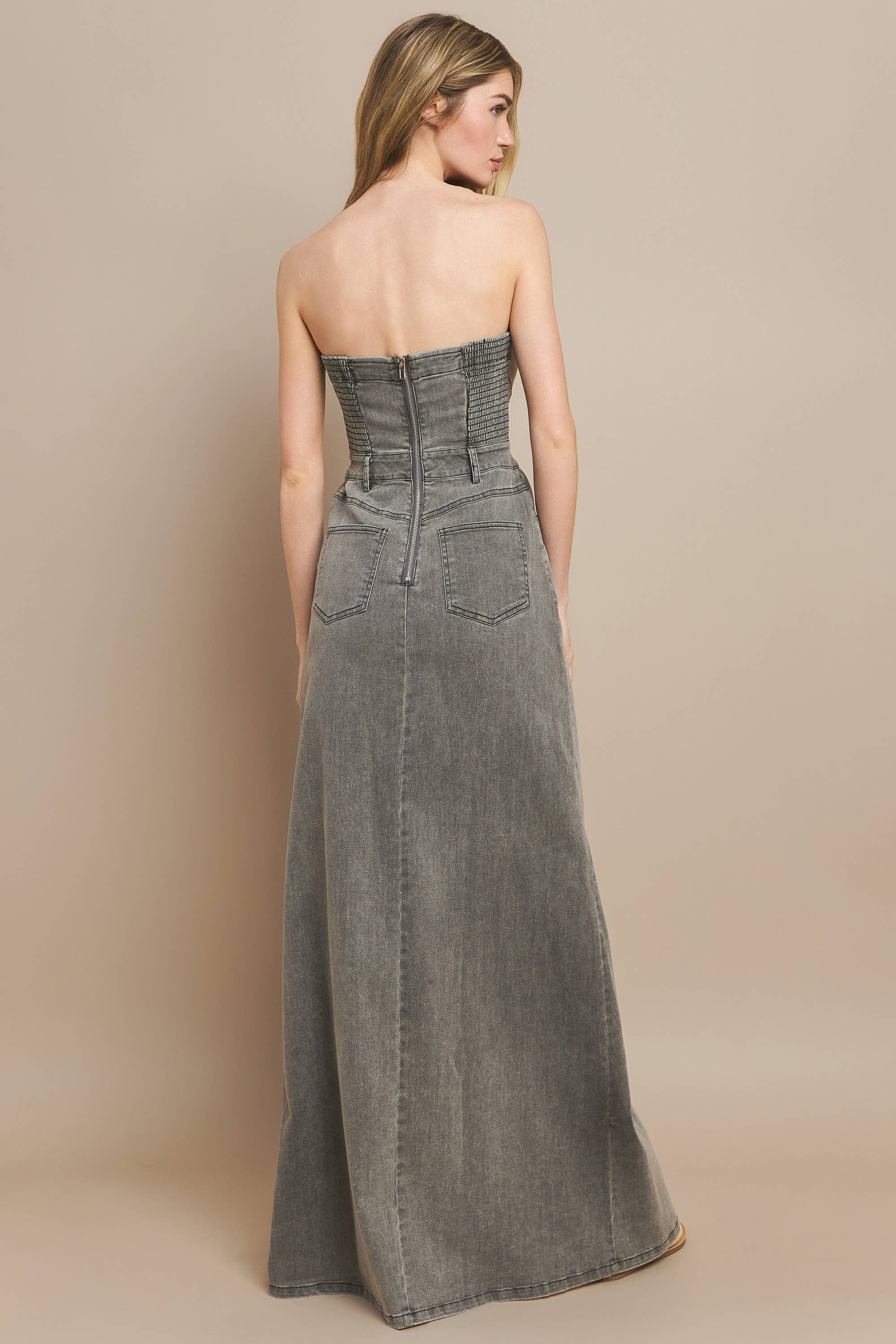 STRAPLESS DENIM MAXI