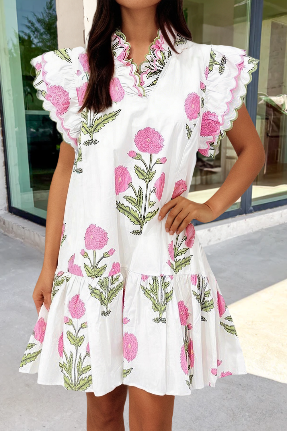 Froral Embroidery Trim V Neck Mini Dress SS26 | S-XL