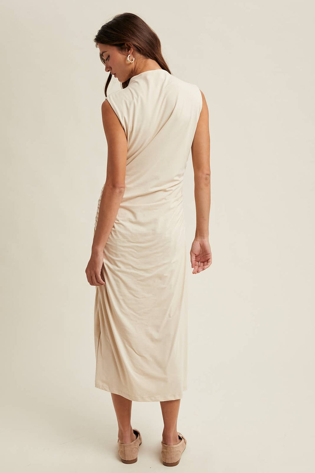 DRAPED MOCK NECK MIDI KNIT DRESS