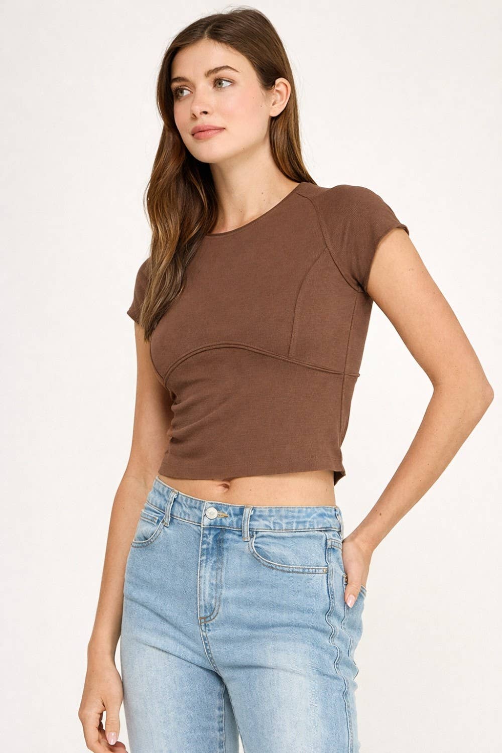 WASHED STRETCH CURVED SEAM CROPPED TOP