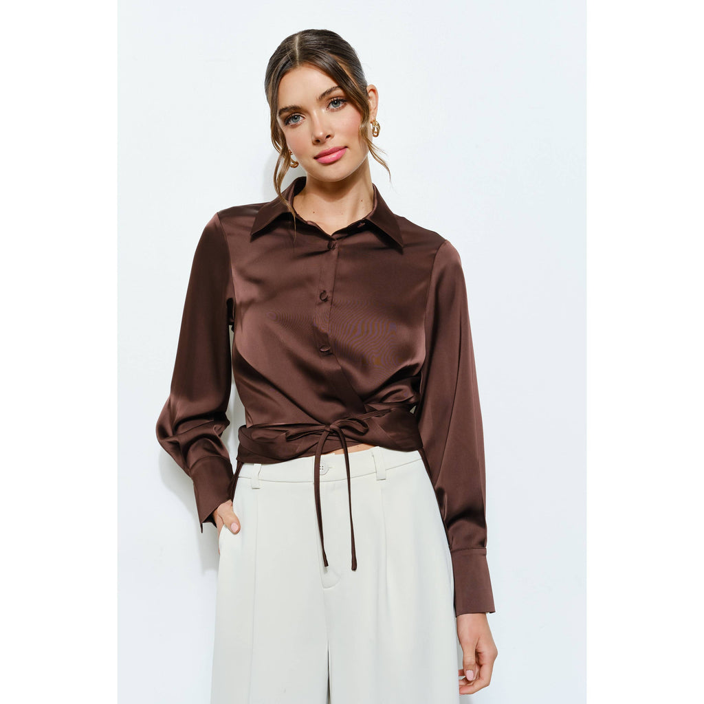 Long Sleeve Satin Wrap Waist Blouse