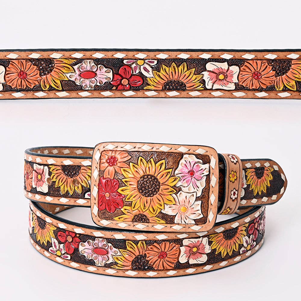 Colorful Handtooled Leather Belt - Wildflower Garden