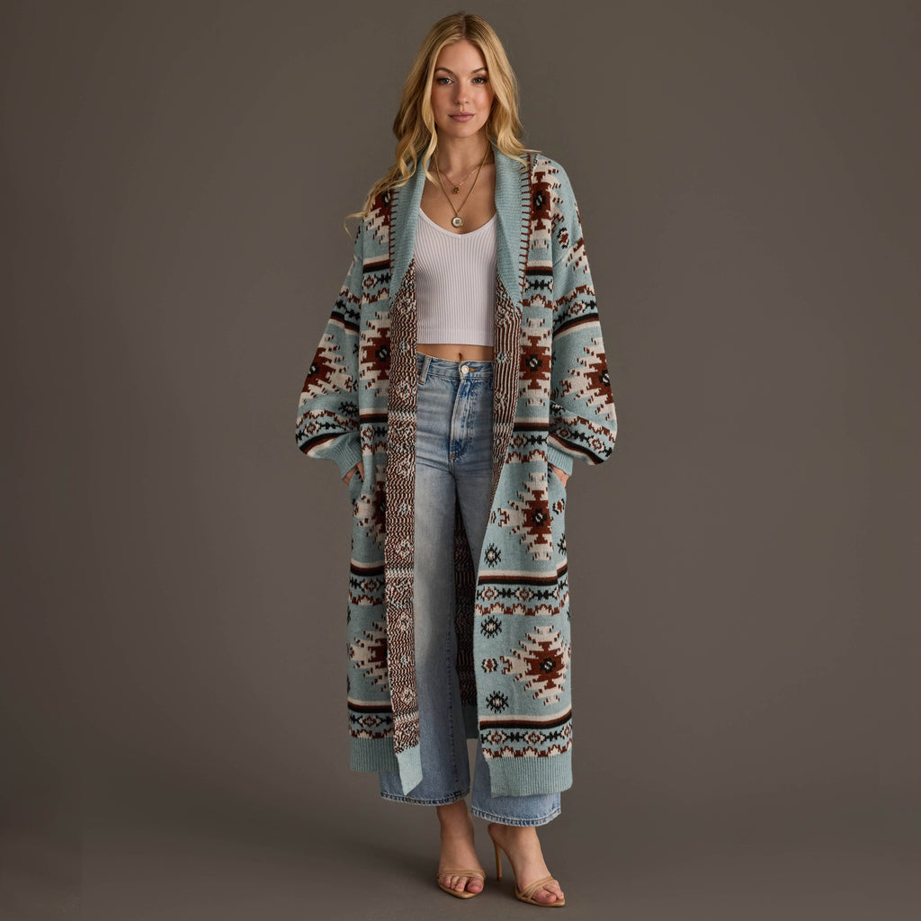 Lt. Blue, Rust, White & Black Western Cardigan