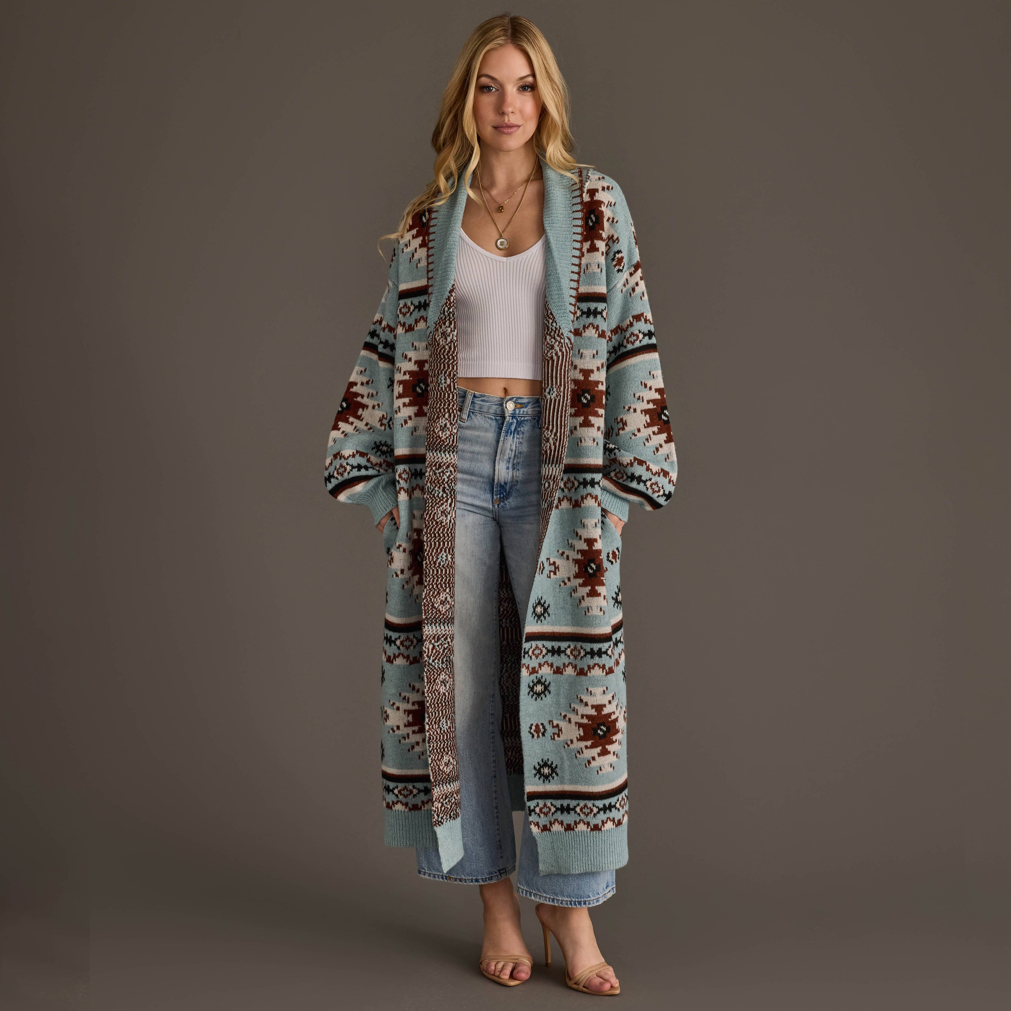 Lt. Blue, Rust, White & Black Western Cardigan