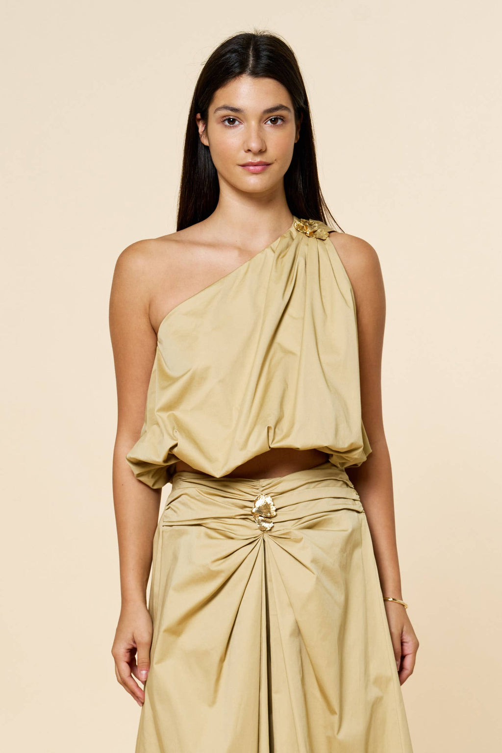 One Shoulder Bubble Top & skirt W/Gold Leaf Detail
