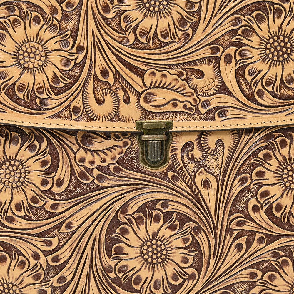 Hand-Tooled Leather Flap Tote Bag