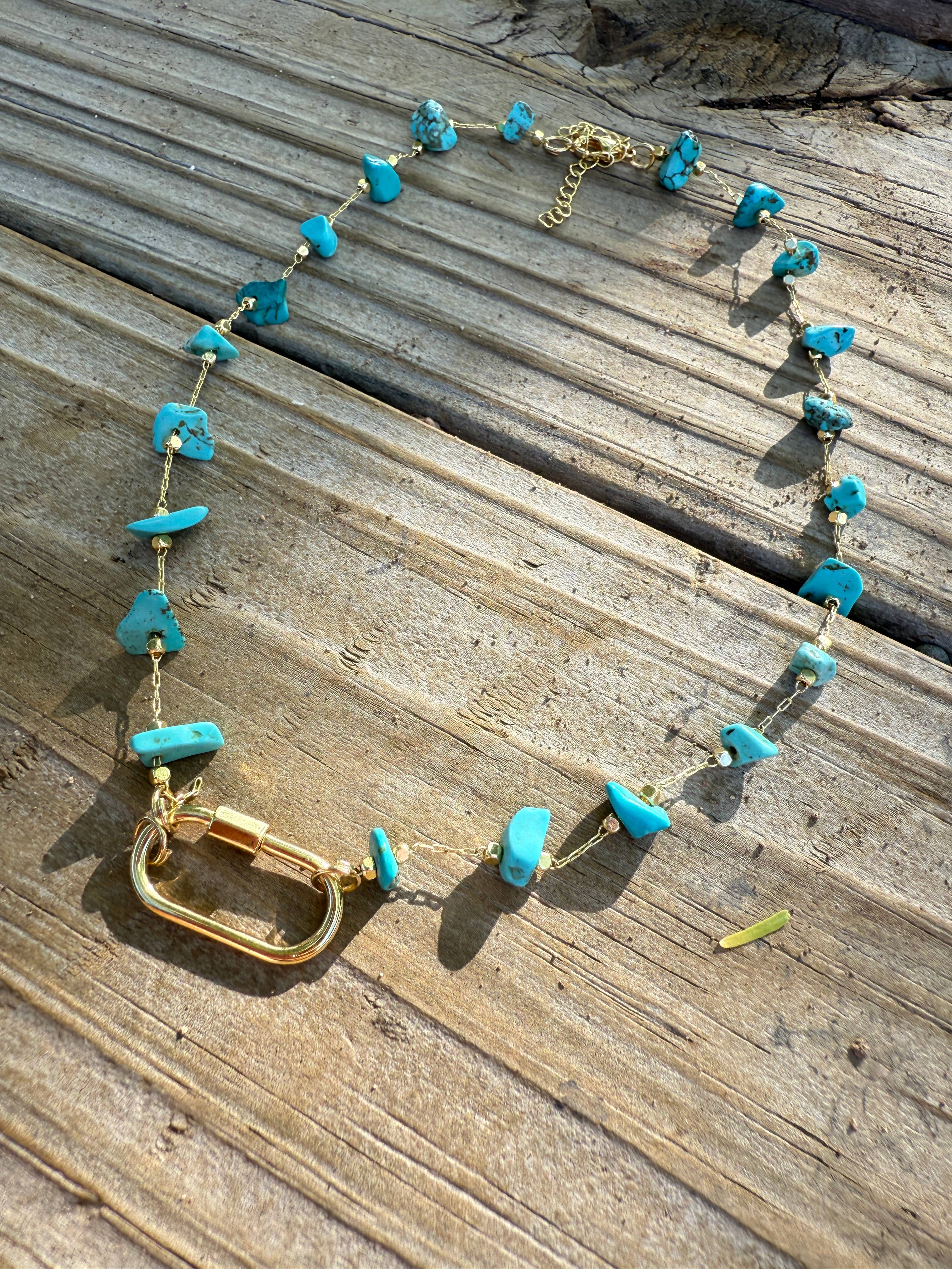 Turquoise Chip Bead Chain Lock Necklace 
