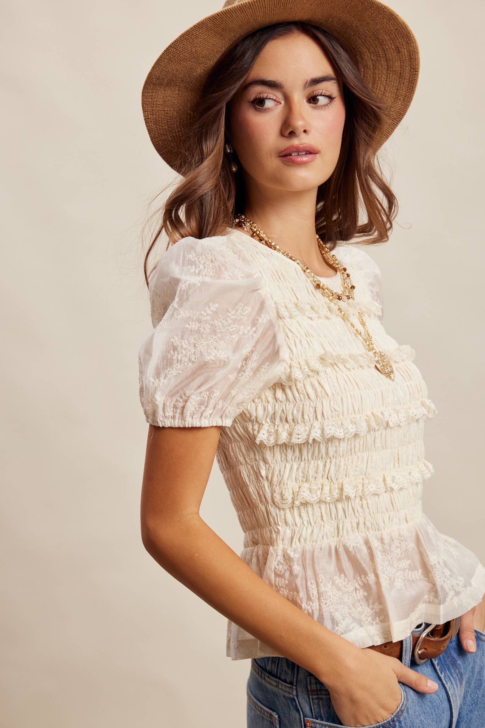 Smocked Lace Puff Sleeve Top