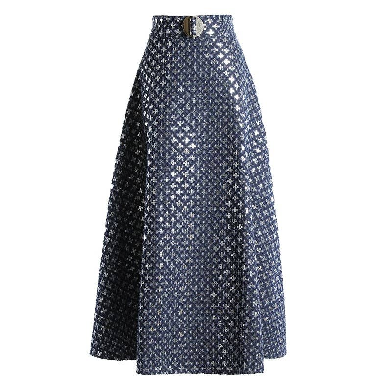 Embroidered Sequin Denim A-Line Skirt-FINAL SALE ITEM