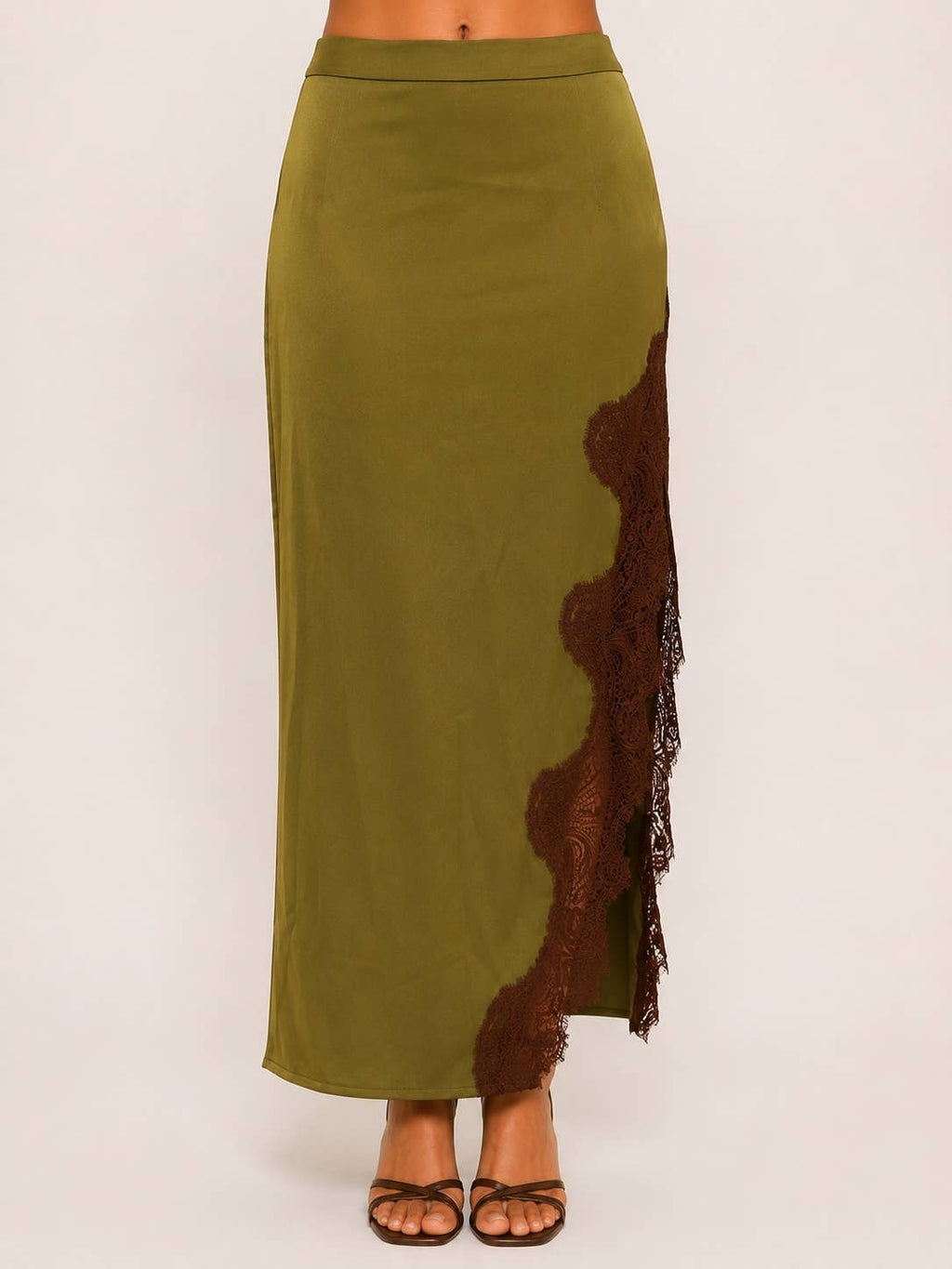 OLIVE LACE TRIM SATIN SKIRT - SI4823FO
