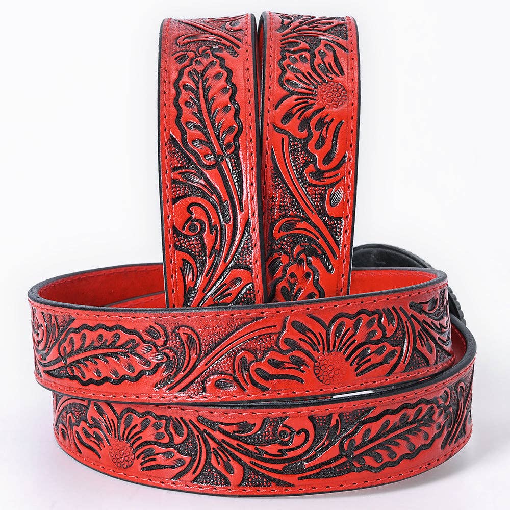 Game Day!  Red Tooled Leather Belt & Buckle