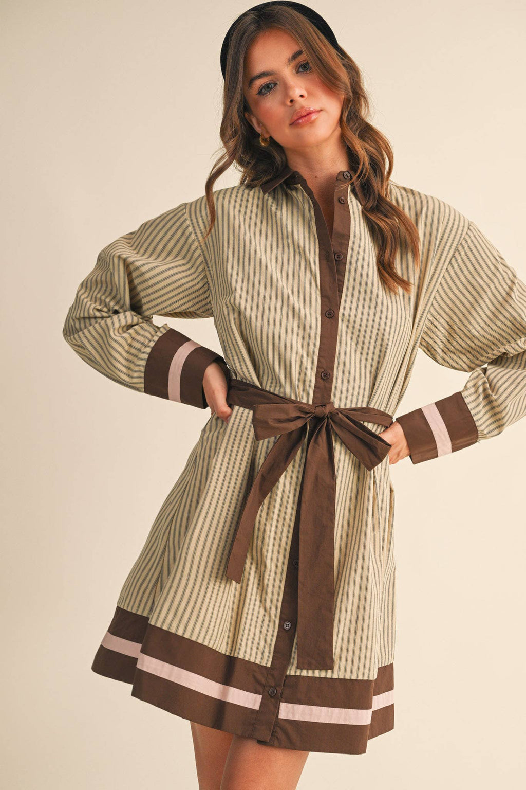 STRIPED BUTTON-DOWN BELTED DRESS