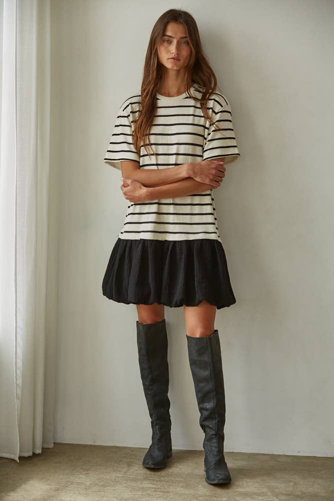 Knit Striped Crew Short Sleeve Mini Bubble Dress