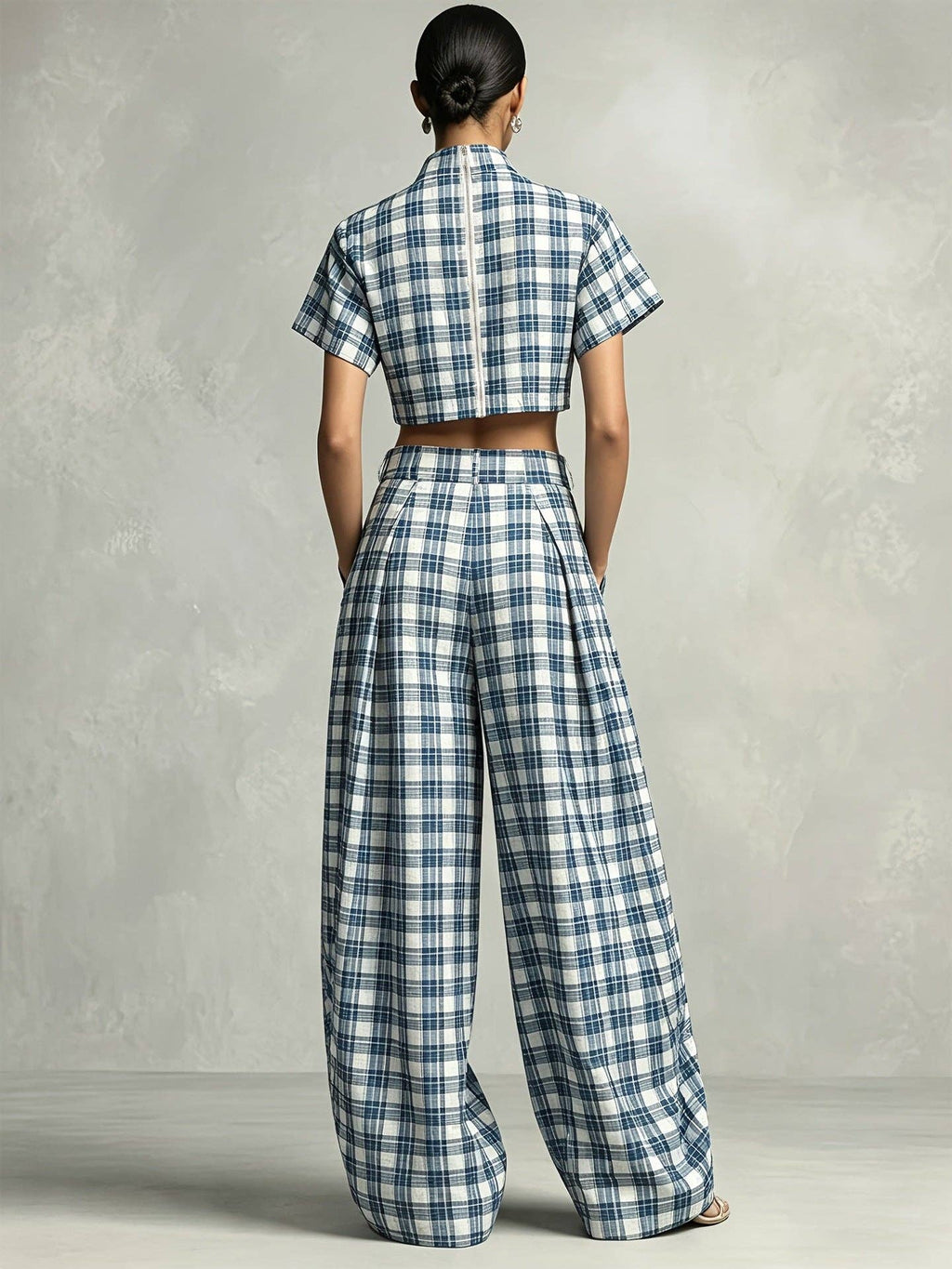Check High Neck Crop Top and Wide Leg Pants Set  N6D105