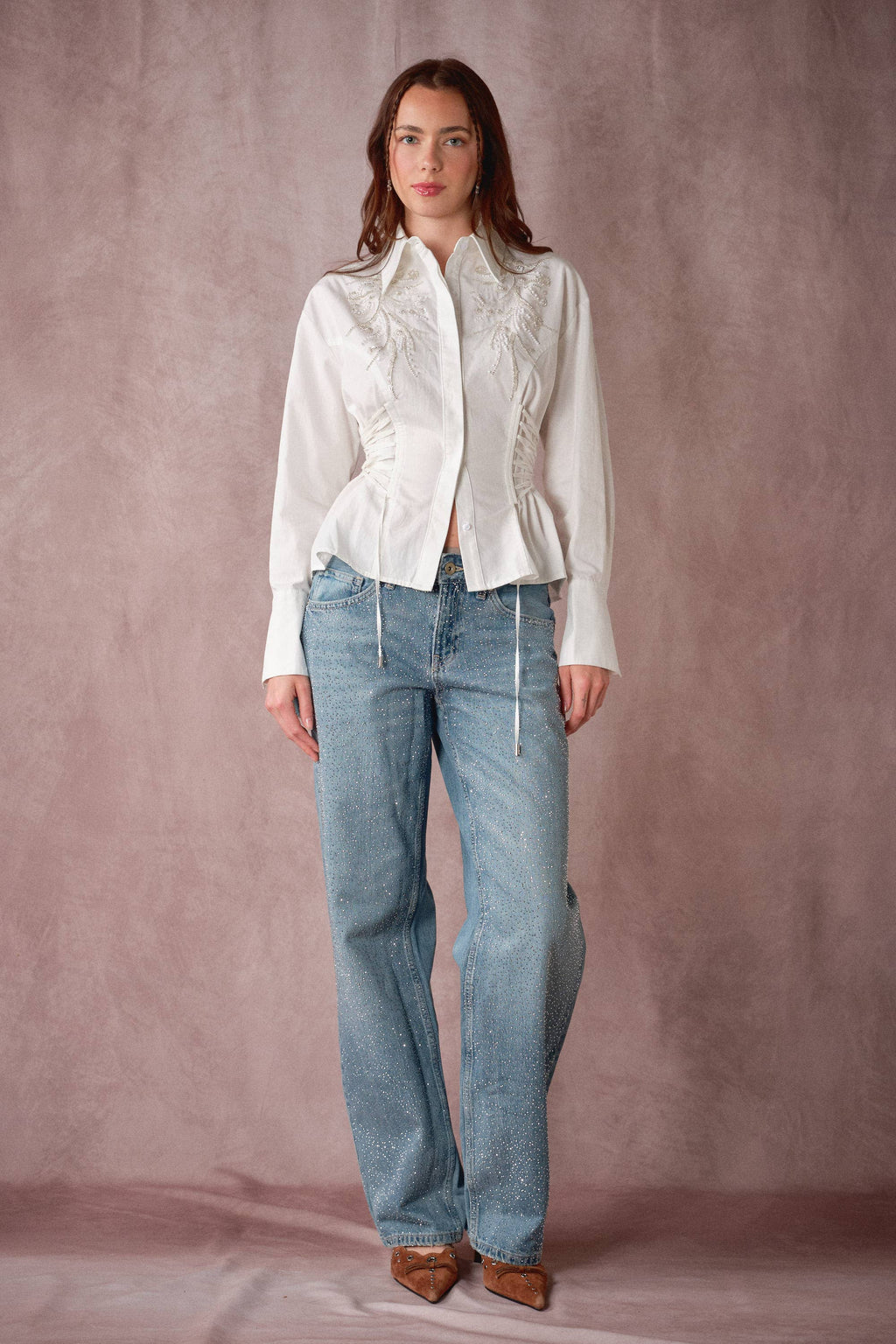 Beaded Embroidery Waist Tie Shirt