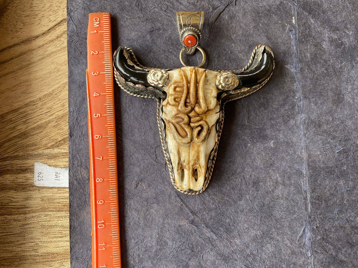 Large Bull Head-Tibetan Silver, Red Coral, Buffalo Bone, Pendant