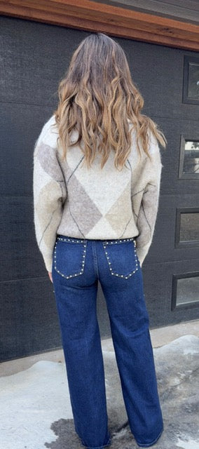 Shop The Look Floral Knit Cardigan with Stud Wide Leg Jeans