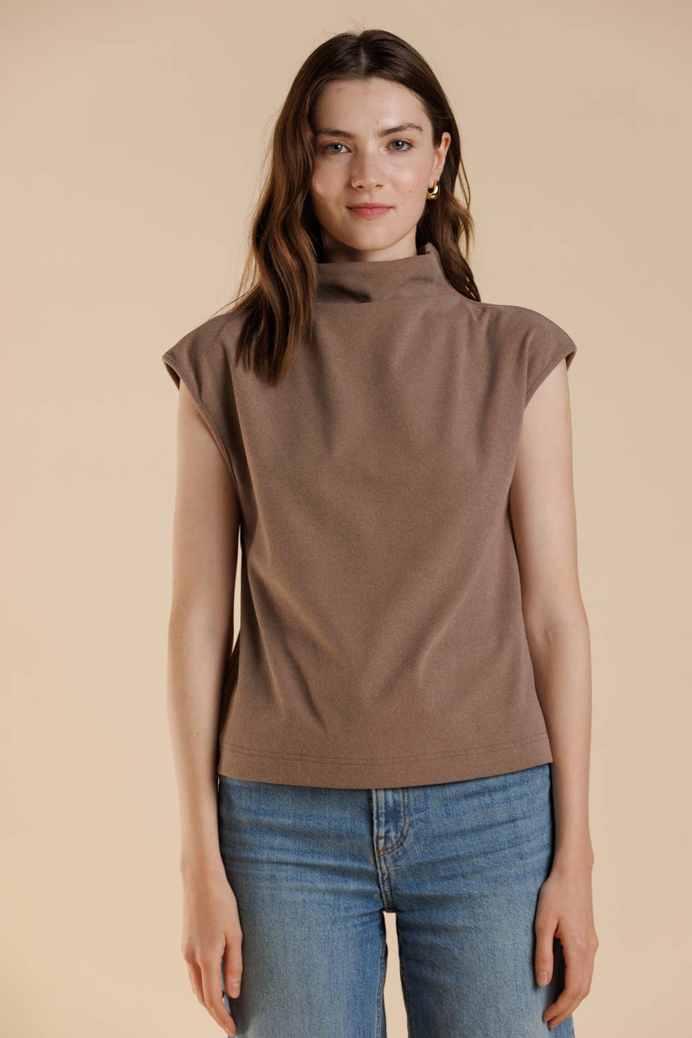 Soft Touch Brushed Knit Mock Neck Sleeveless Top
