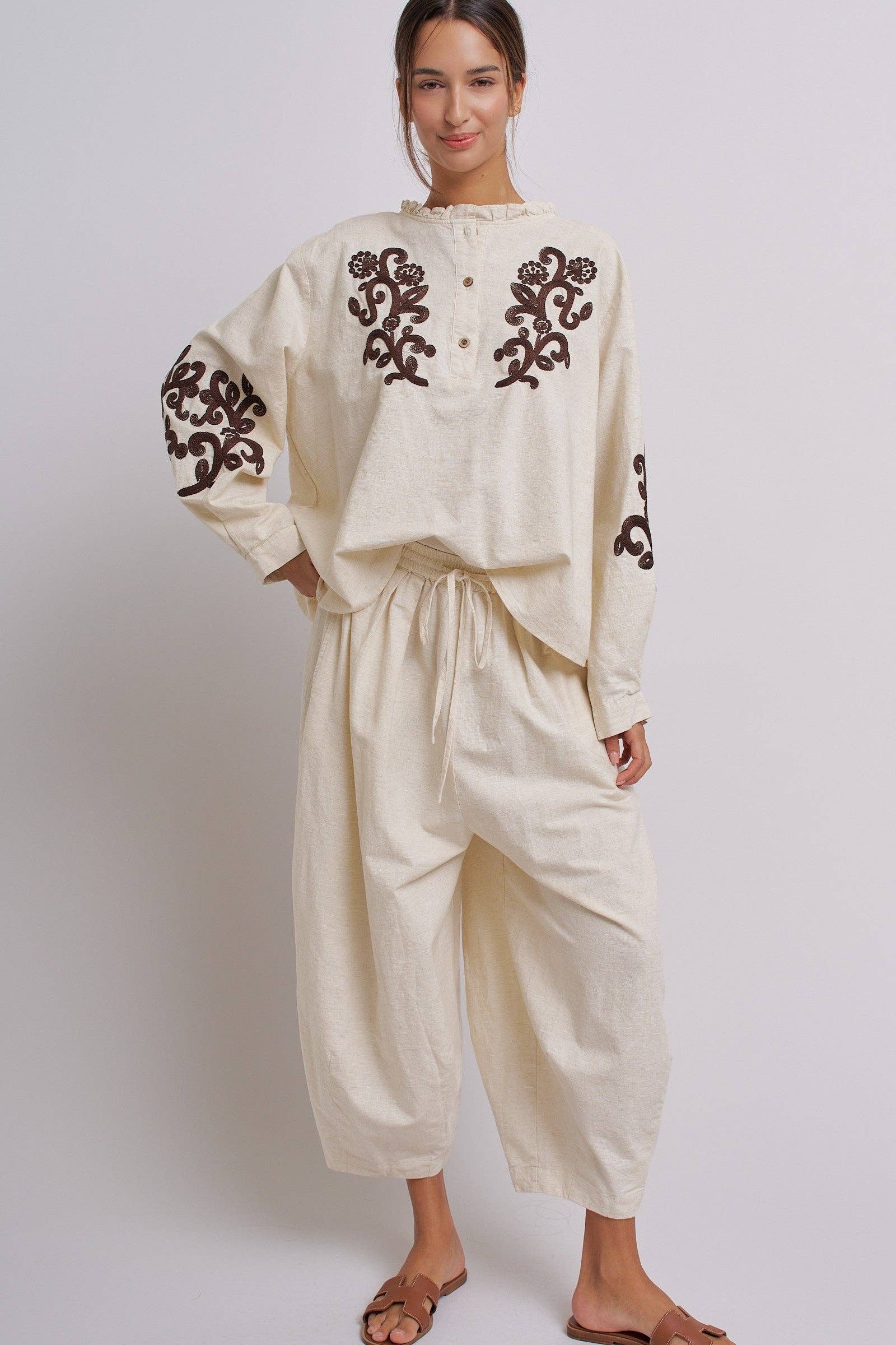 Embroidered Cotton Linen Blouse With Ruffle Collar