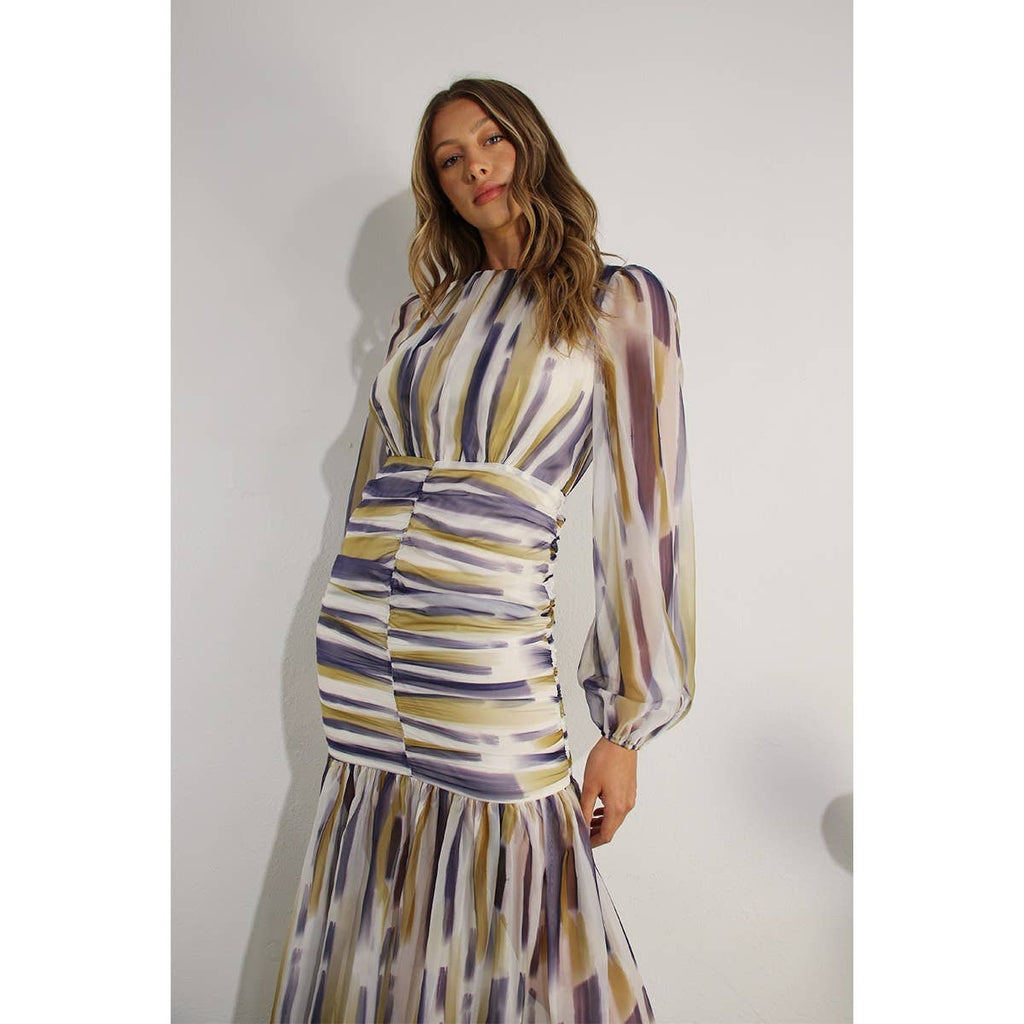 RUCHED LONG CHIFFON DRESS