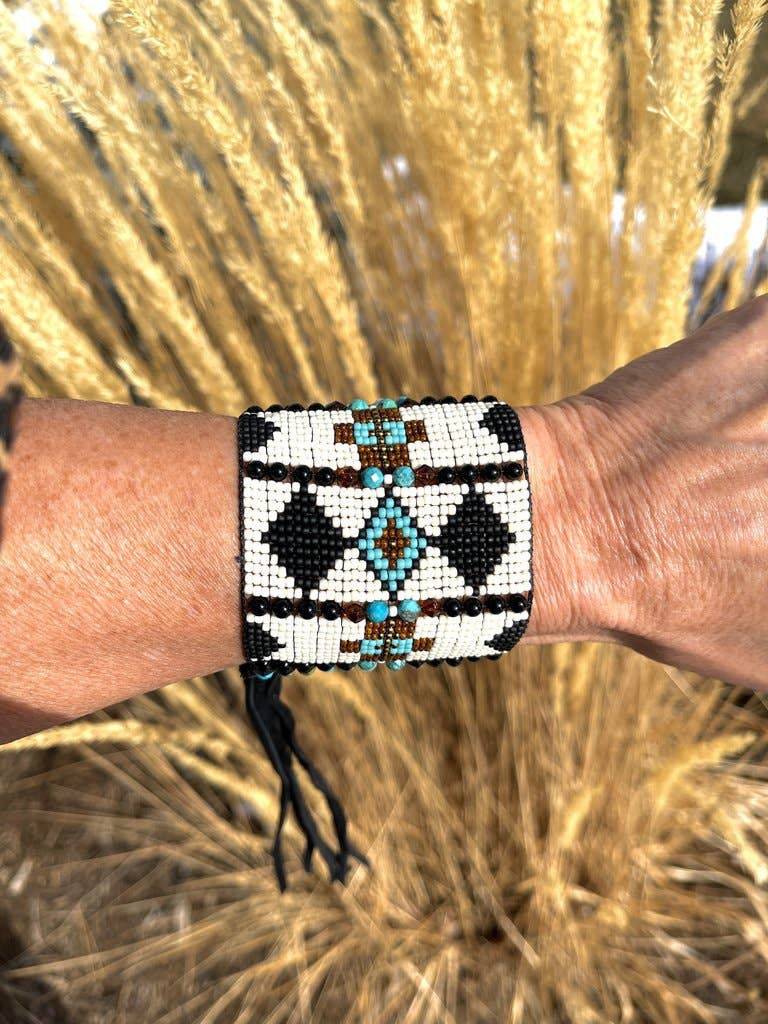 Western Leather Loom Gemstone Cuff Bracelet