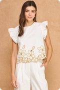 Floral Cut-Out Embroidery Twill Ruffle Top