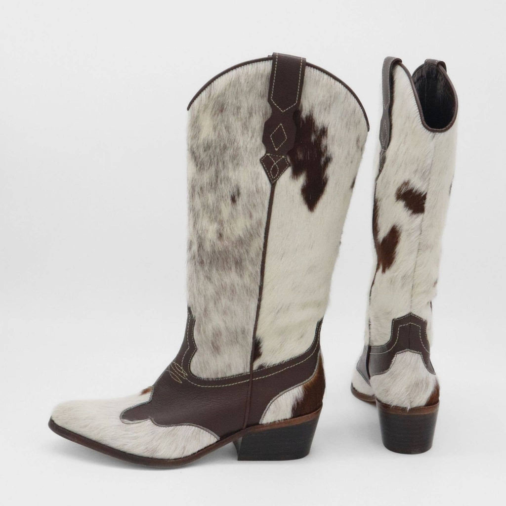 Nirvana Western Cowboy Women's Boots in White/Brown Leather