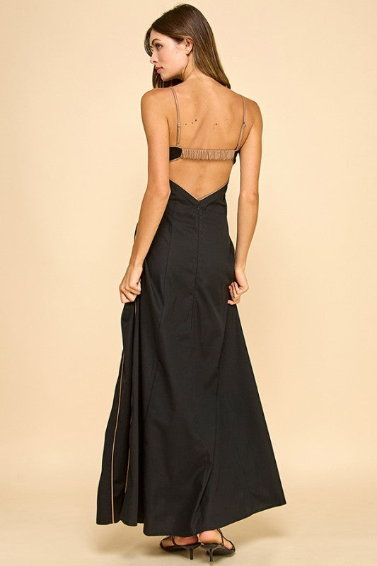 Black Fitted Maxi with Camel Piping