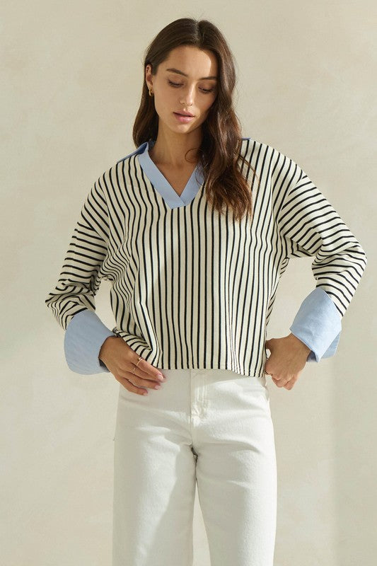 Striped Top With Contrast Neck & Pink Cuffs