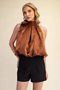 High Neck Tie Wrap Balloon Sleeveless Top