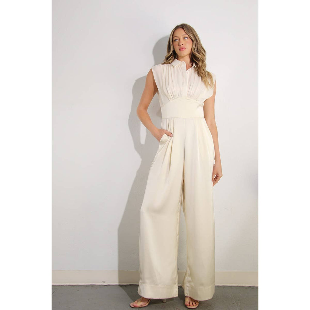PLEATED TOP SATIN JUMPSUIT