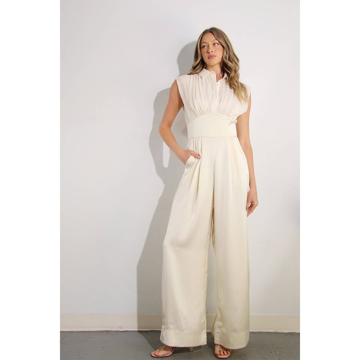 PLEATED TOP SATIN JUMPSUIT