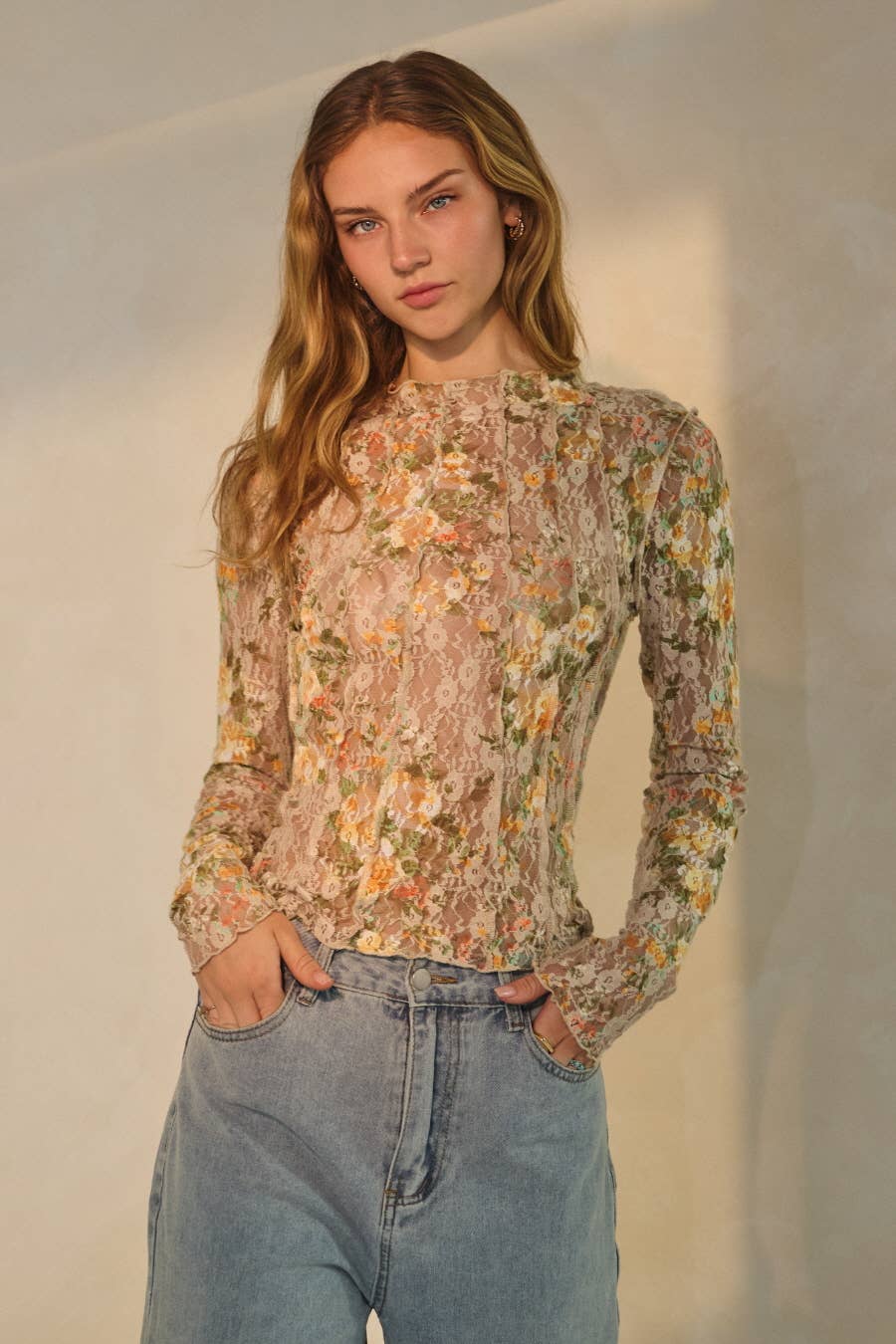 Floral Printed Lace Mock Neck Top