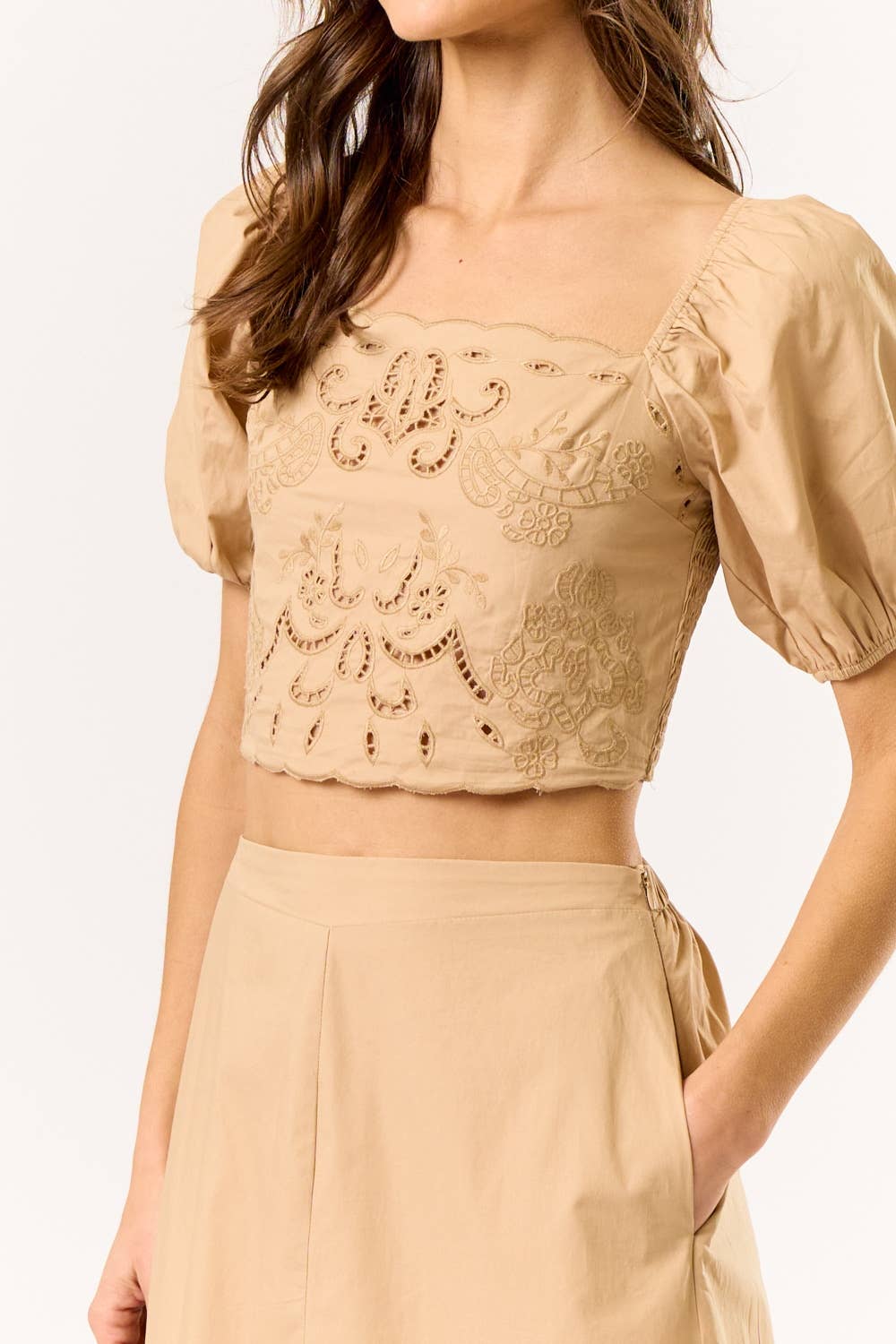 Puff Sleeve Embroidery Cropped Top & Skirt Set