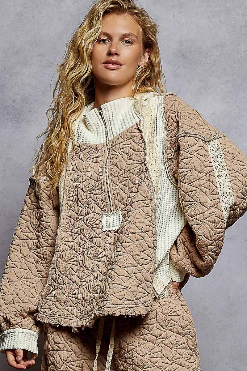 Long sleeve solid stitch edge quilted woven hoodie top