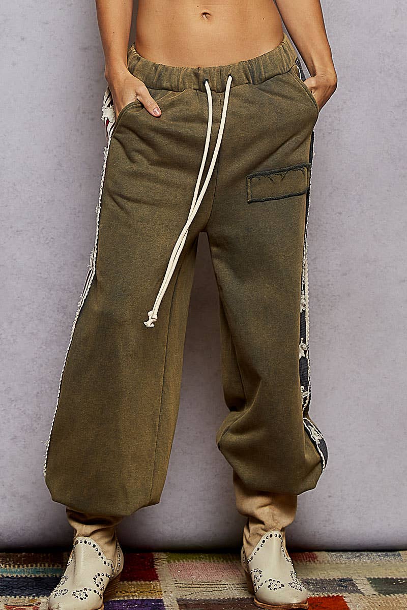 French terry striped patch trim star patch knit pants