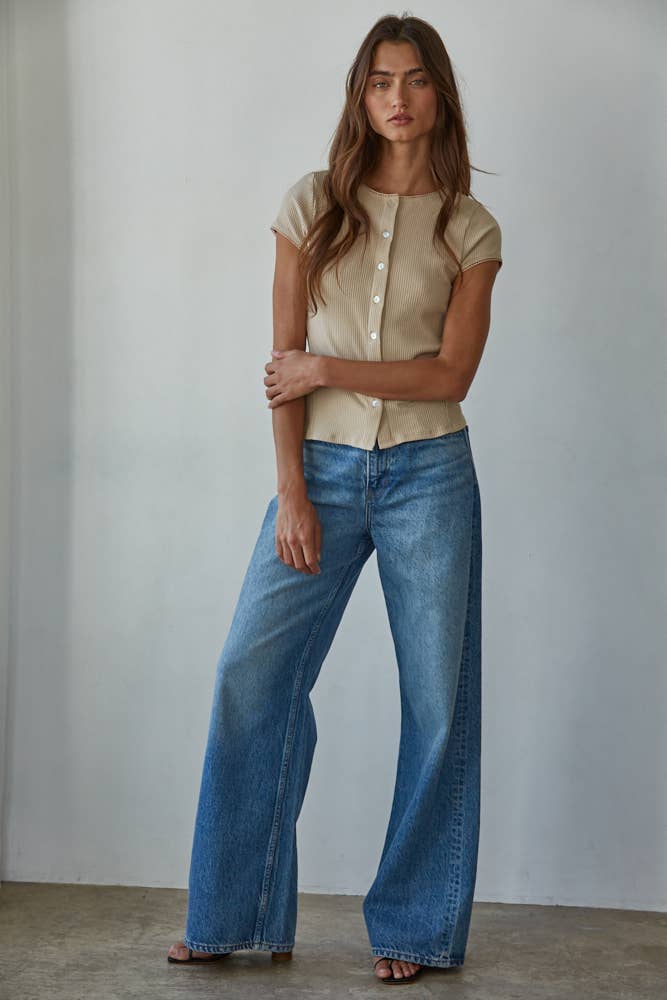 Knit Ribbed Button-down Short Sleeve Cardigan