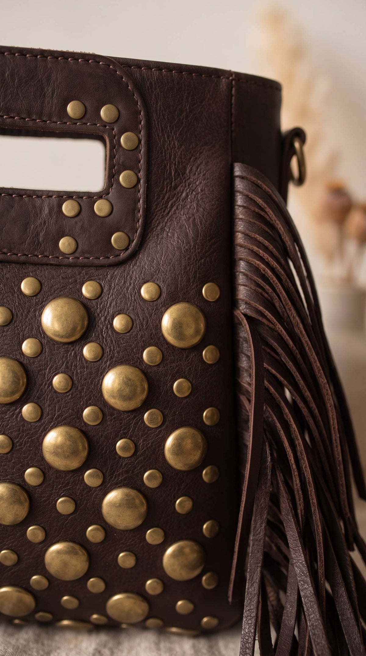 Studded Fringe, Genuine Leather Dark Brown