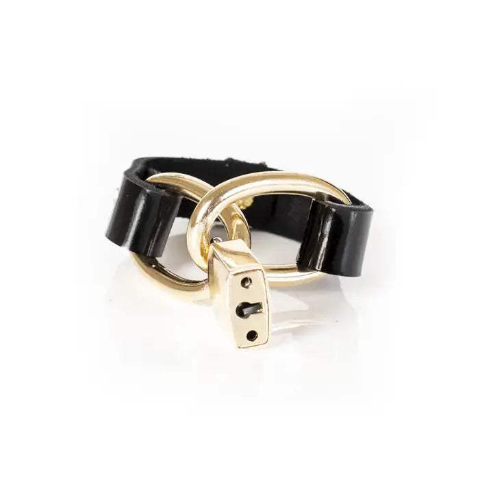 Black Leather Bracelet with Gold Lock & Chain Accent