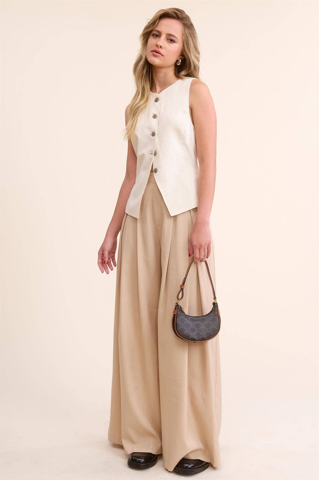 Trendy Low Waist  Wide Leg Pleated Trouser Pants