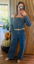 Shop The Look Off Shoulder Denim Cargo Jumpsuit