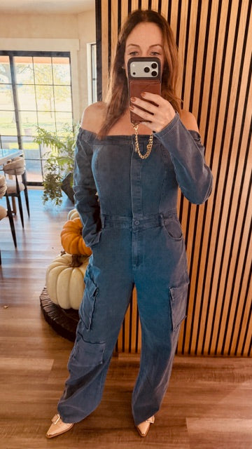 Shop The Look Off Shoulder Denim Cargo Jumpsuit
