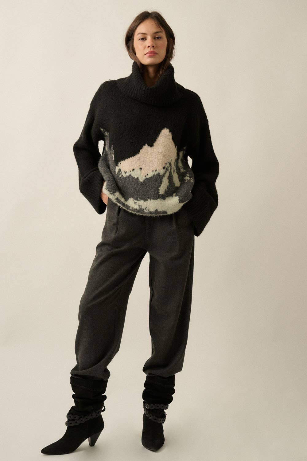 Mountains Fuzzy Jacquard-Knit Turtleneck Sweater