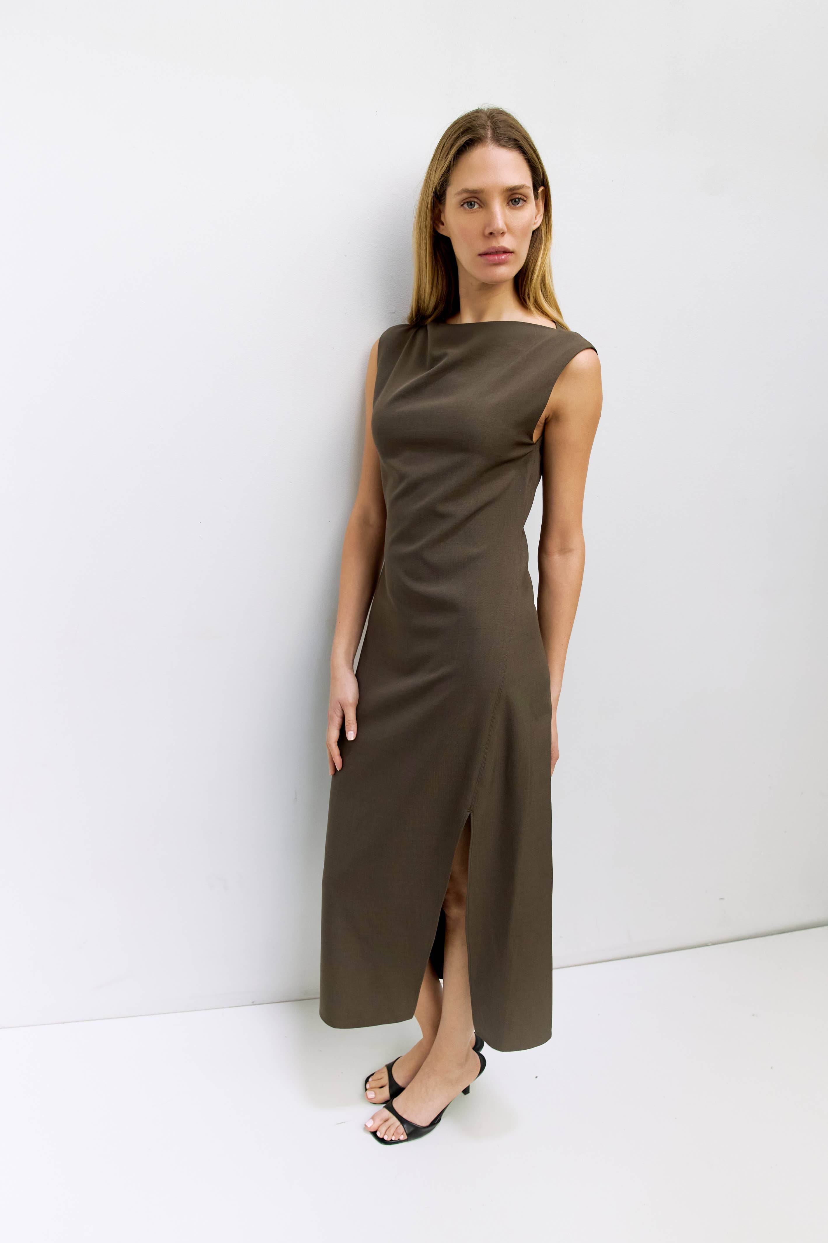The Sonya Dress | Boat Neck Midi Dress with Side Slit