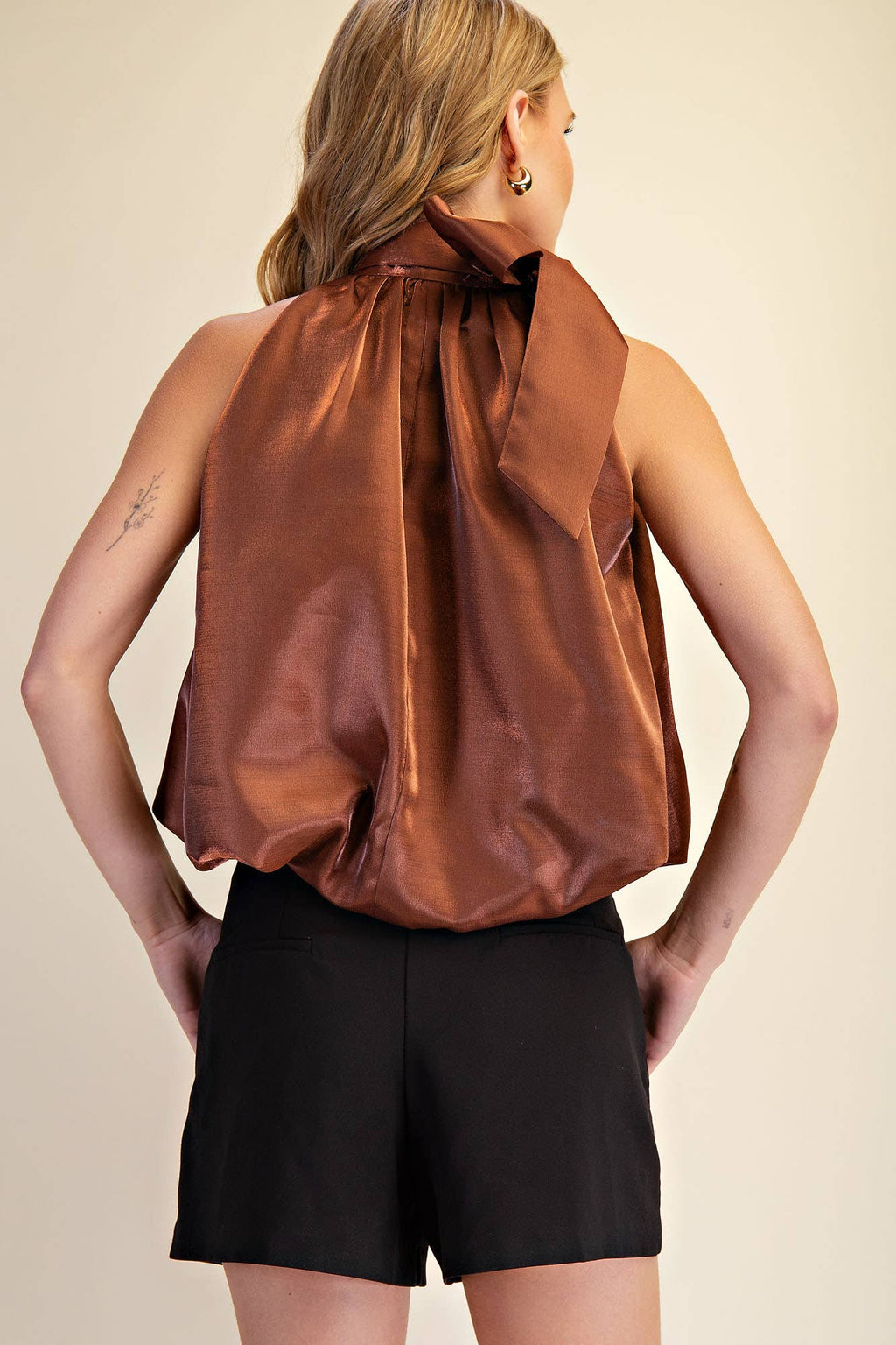 High Neck Tie Wrap Balloon Sleeveless Top