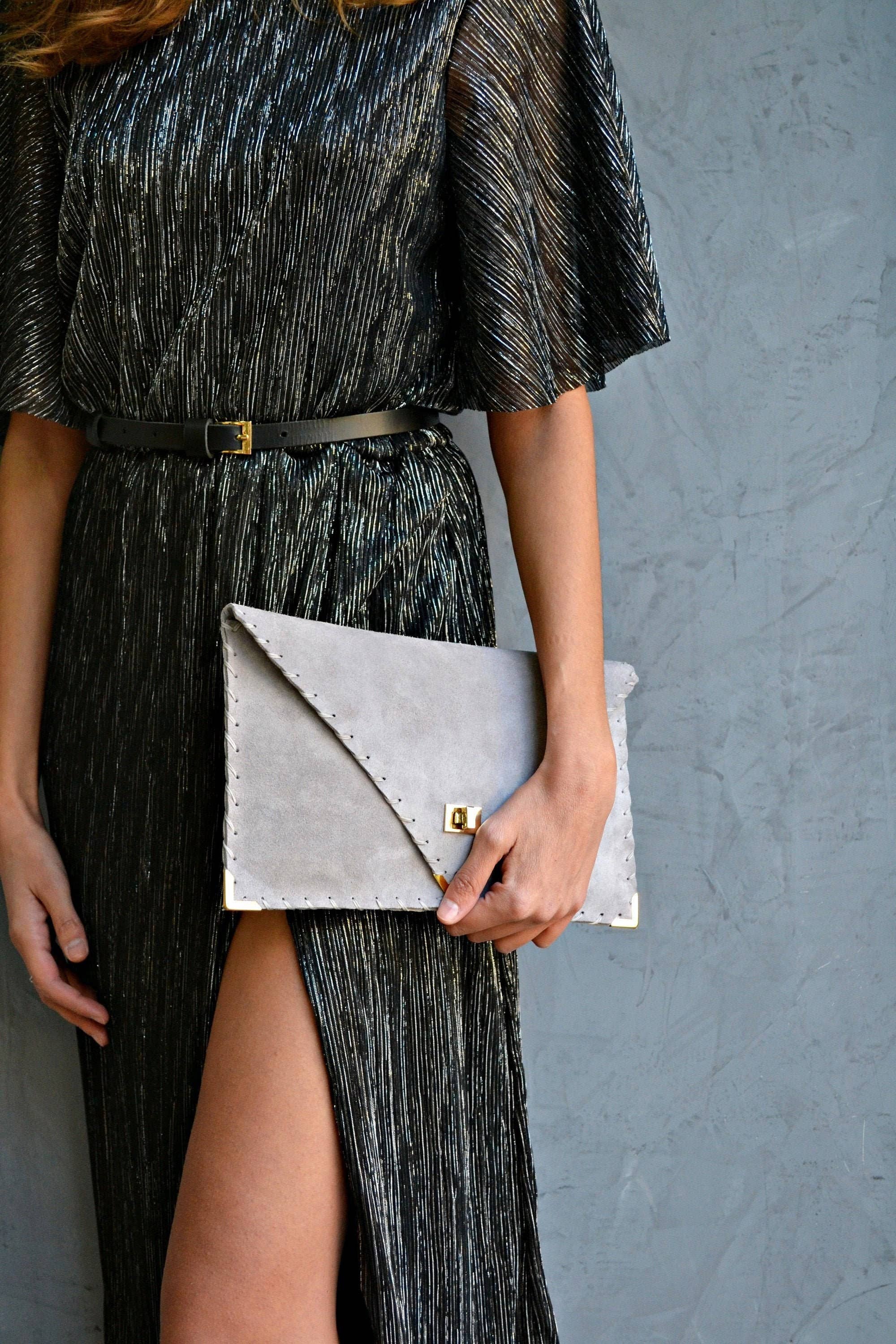 Soft leather clutch in light gray