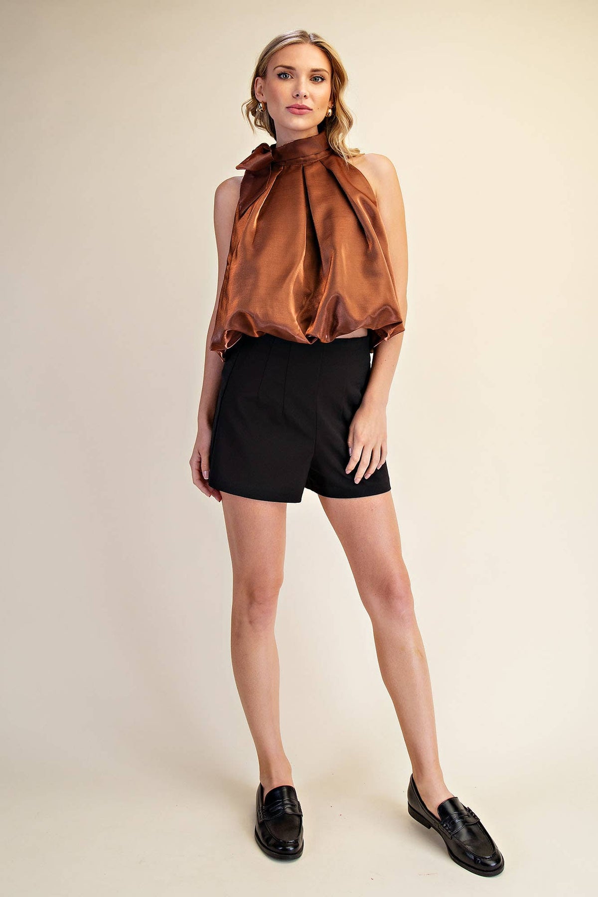 High Neck Tie Wrap Balloon Sleeveless Top